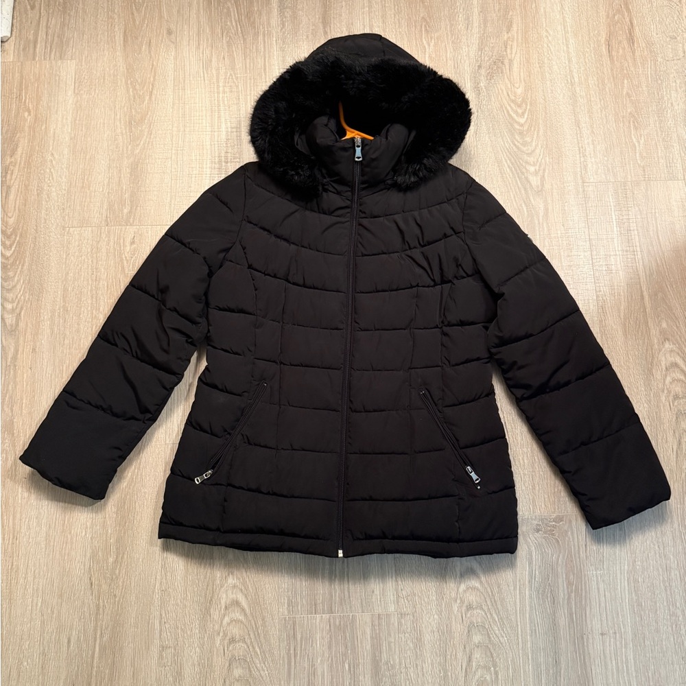 Calvin Klein Black Puffer Jacket with Faux Fur Hood